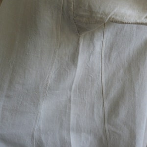 May include: Close-up of a white garment, possibly linen or cotton, with visible seams and a textured surface. The fabric appears to be slightly wrinkled, suggesting a natural fiber. The garment has a collar and a sleeve.