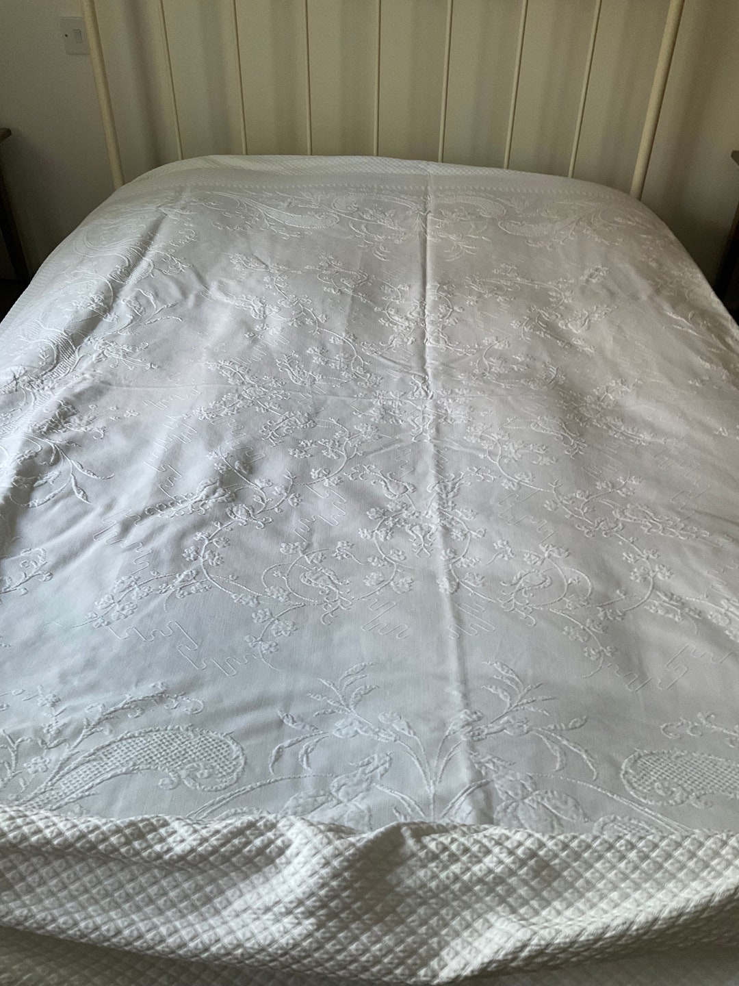 Antique French Bedspread Large Double White Cotton With Lace Hem