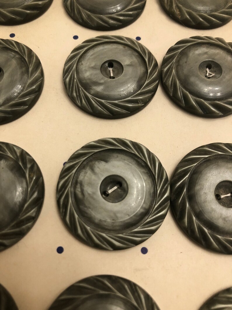 Vintage French 1930s Card of 12 Dark Grey Green Casein 3cm Round Buttons