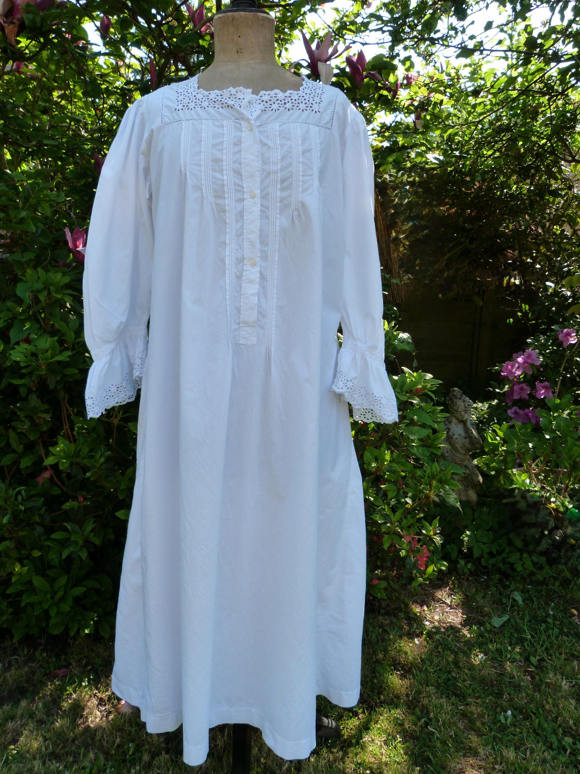early 1900's french long sleeved cotton monogrammed m.f. nightdress broderie anglaise whitework pin tuck pleat shell buttons hand stitched