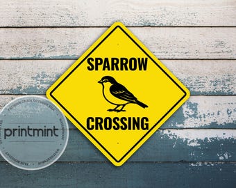 Sparrow Crossing Yellow Diamond Sign | Reflective Sign | Custom Metal Sign | Bird Road Sign Decor