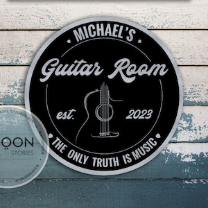 Aangepast bord voor gitaarkamer | Cadeau voor muzikant | Rond bord voor muziekkamer | Naambord muzikant | Muziekliefhebber bord | Aangepast cadeau | Muziekkamerdecoratie