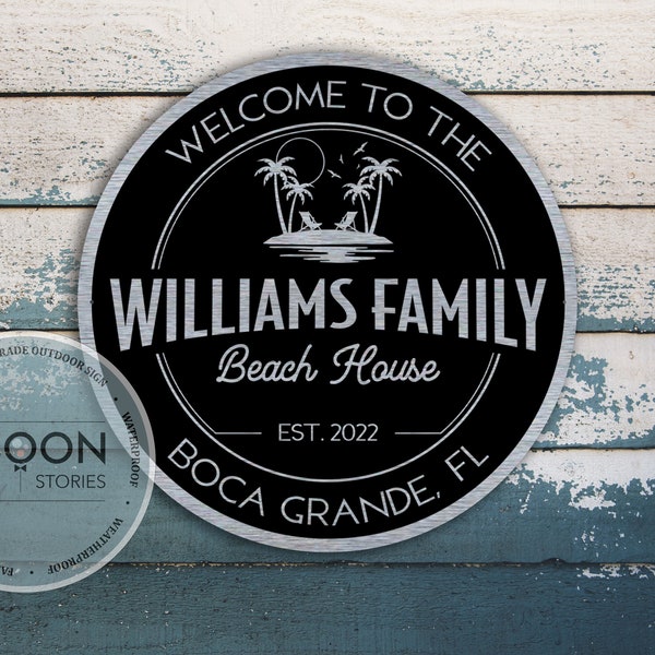 Custom Beach House Teken | Strand Home Sign | Aangepaste | voor achternaamondertekening Round Beach House Bord | Buiten Binnen Bord | Familie cadeau