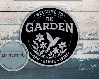 Welcome To The Garden Sign | Round Metal Hummingbird Plaque | Outdoor Garden Wall Decor