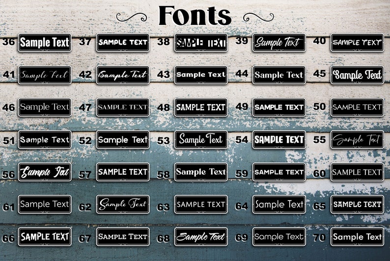 May include: A chart of 70 different fonts, numbered 36 through 70, with the text "Sample Text" displayed in each font.
