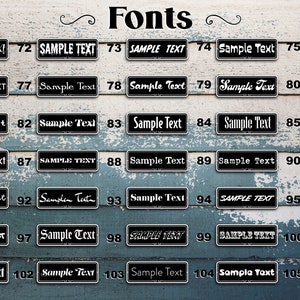 May include: A chart of 105 different font styles, each labeled with a number and the text "Sample Text" in the font style. The chart is on a woodgrain background.