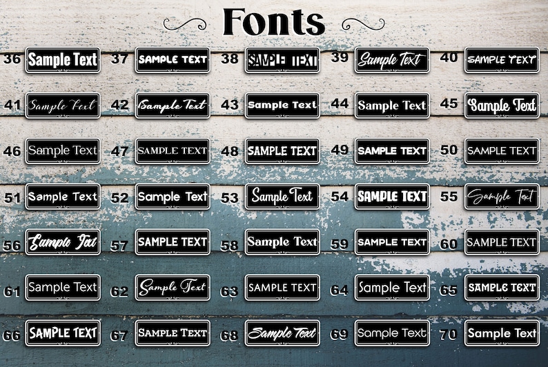 May include: A chart of 70 different fonts, numbered 36 through 70, with the text "Sample Text" displayed in each font.