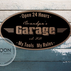 Insegna garage ovale personalizzata / Insegna officina papà / Arredamento per il garage / Insegna metallica personalizzata / Insegna caverna uomo / Regalo personalizzato / Regalo per la festa del papà