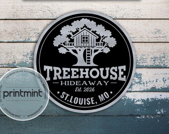 Personalized Treehouse Sign | Custom Round Metal Hideaway Sign | Outdoor Playhouse Decor
