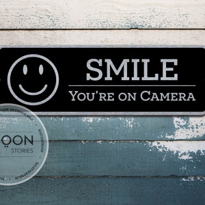 Custom Smile You&#39;re On Camera Sign | Custom Video Surveillance Sign | Camera Surveillance Sign | Metal Sign | Door Sign | CCTV Security