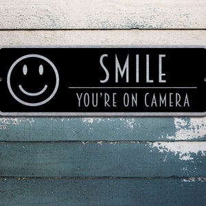 Custom Smile You're On Camera Sign | Custom Modern Metal Sign | Custom Sign | Metal Sign | Door Sign | Custom Plaque | Brushed Steel Plaque
