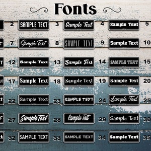 May include: A collection of 35 different fonts displayed on a woodgrain background. Each font is shown in a black rectangle with white text that says "Sample Text".