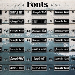 May include: A collection of 35 different fonts displayed on a woodgrain background. Each font is shown in a black rectangle with white text that says "Sample Text".