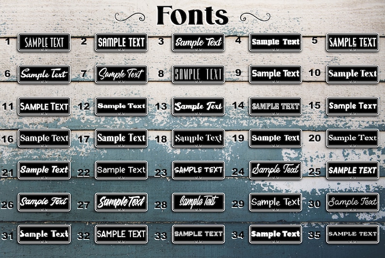 May include: A collection of 35 different fonts displayed on a woodgrain background. Each font is shown in a black rectangle with white text that says "Sample Text".