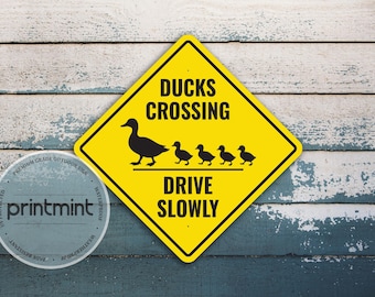 Ducks Crossing Drive Slowly Yellow Diamond Sign | Reflective Sign | Custom Metal Sign | Funny Warning Sign