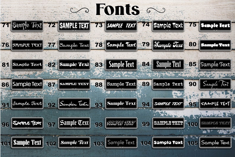 May include: A chart of 105 different font styles, each with the text "Sample Text" displayed in a different font. The fonts are numbered from 71 to 105.
