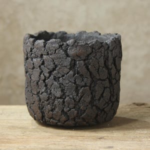 Puede incluir: Una maceta cilíndrica de cerámica con un exterior de color marrón oscuro muy texturizado que presenta un patrón de superficie profundo, agrietado e irregular. El borde es dentado e irregular, y el recipiente tiene una parte superior abierta.