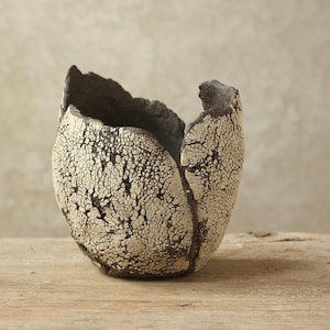 Può includere: Un vaso in ceramica fatto a mano con una superficie unica e strutturata. Il vaso presenta un esterno color crema con un motivo screpolato e dettagli marrone scuro. L'interno è scuro. È un oggetto di arredamento artistico.