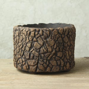 Può includere: Un vaso cilindrico marrone con un esterno strutturato simile alla pietra. L'interno del vaso è scuro e poggia su una superficie di legno. L'esterno presenta un motivo ruvido e irregolare, che gli conferisce un aspetto naturale e rustico.