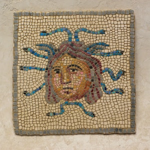 Reproduction of Roman mosaic. Mosaic of the Medusa of Itálica (Seville) Andalusia Spain. False mosaic