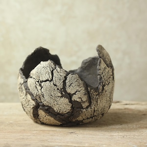 Natürlicher und organischer Steinguttopf für Sukkulenten und Kakteen, handgefertigtes Unikat. Größe: 13 cm (Breite), 5/10 cm (Höhe).