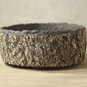 Può includere: Un vaso rotondo fatto a mano con un esterno strutturato a forma di corteccia. Il vaso è marrone scuro con riflessi bronzo. Il bordo è di una tonalità più scura di marrone. Diametro di circa 20 cm.