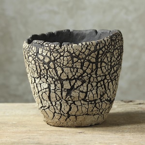 May include: A small, hand-formed ceramic cup with a dark, matte black interior and a textured, cream-coloured exterior featuring a prominent, deep-cracked, web-like pattern that reveals the dark clay beneath the light surface finish.