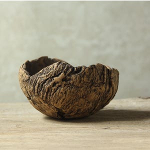 May include: A handcrafted, textured bowl with a natural, earthy aesthetic. The bowl is a warm brown color, with a rough, organic texture reminiscent of tree bark. It sits on a wooden surface, showcasing its unique, rustic design.