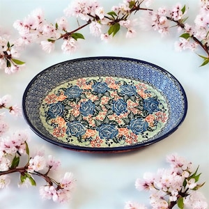 Polish Pottery Boleslawiec Unikat Lg Oval Baker Blue Rose EUC