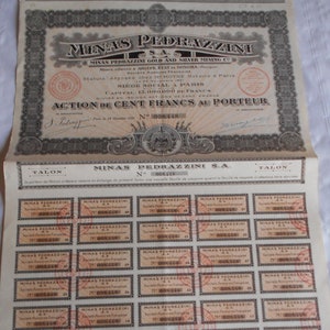 Vintage share certificate Stocks Bonds actions Pedrazzini Gold and silver Mines 1921