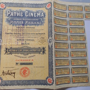 Vintage share certificate action bond Pathé Cinema films 1930 Pathe Freres paris