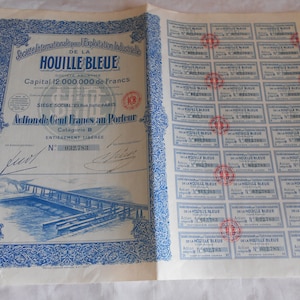 Certificado de acciones vintage acción bono refinería de petróleo Houille Bleu 1927