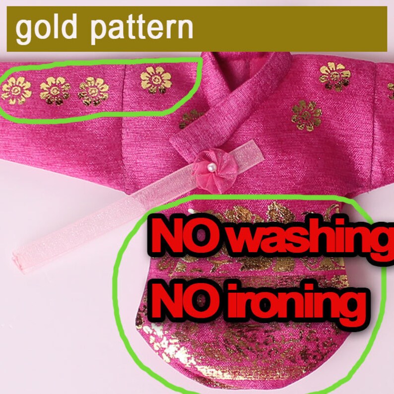 Pode incluir: Uma pe&ccedil;a de vestu&aacute;rio rosa vibrante com padr&otilde;es florais dourados e o texto "gold pattern" no topo. A pe&ccedil;a tem um la&ccedil;o decorativo e o texto "NO washing NO ironing" &eacute; vis&iacute;vel. &Eacute; provavelmente um traje tradicional.