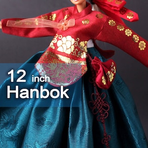 Ropa para muñecas de 12 pulgadas -Conjunto de vestido hanbok coreano_ rojo verde_ 1