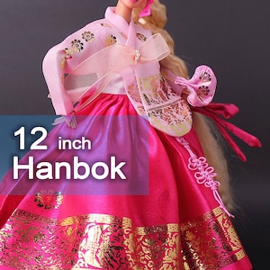 Ropa para muñecas de 12 pulgadas -Conjunto de vestido hanbok coreano_ rosa rosa_ 2