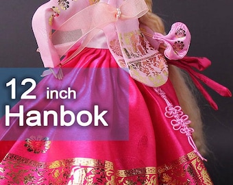 Roupas de boneca de 12 polegadas - Conjunto de vestido hanbok coreano_ rosa rosa_ 2