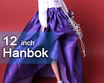 Roupas de boneca de 12 polegadas - Conjunto de vestido hanbok coreano_ branco roxo_ 1