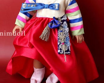 Conjunto de vestido hanbok para muñeca de 18 pulgadas_18doll_Hanbok tradicional coreano_amarillorojo2