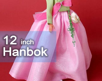 Roupa para boneca de 30 cm - Conjunto de vestido hanbok coreano - verde e rosa - 1