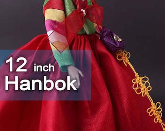 Roupas de boneca de 12 polegadas - Conjunto de vestido hanbok coreano_ verde vermelho_ 2