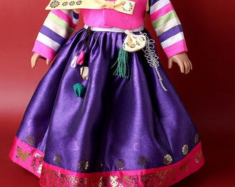 Conjunto de vestido hanbok para muñeca de 18 pulgadas_18doll_Hanbok tradicional coreano_rosa cachorro 1