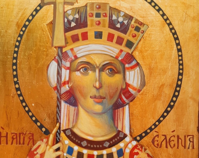 St. ELENA, Byzantine Style Icon, Hand Painted on Wood, 10.7 x 15.3 x 3 cm