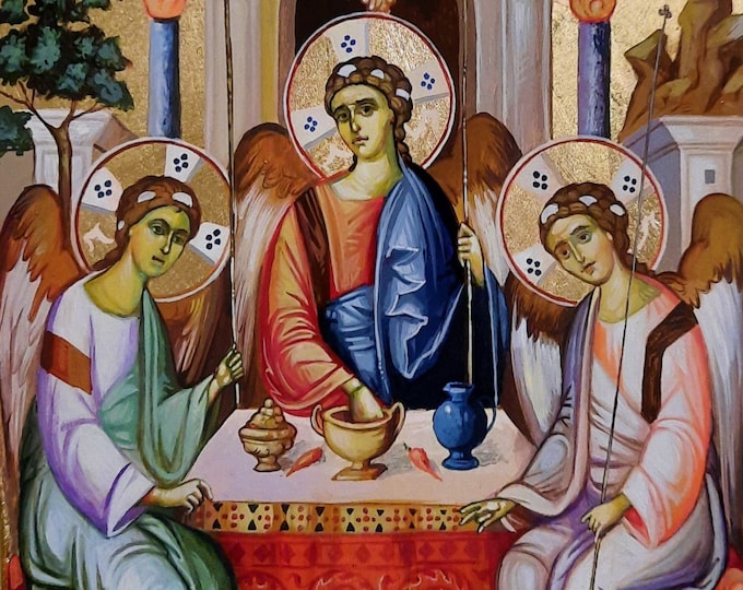 HOLY TRINITY, Byzantine Style Icon, Hand Painted, 24.5 x 39 cm, Bas-Relief, Ready to Ship, Christian Orthodox Tradition