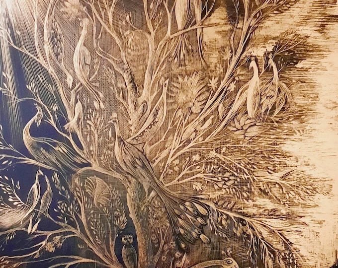 Engraving Art, Original Drawing, Entirely Made By Hand, Scratch Art, Graphic Technique, Golden, Black, Metallic Background, 23 x 30.5 cm