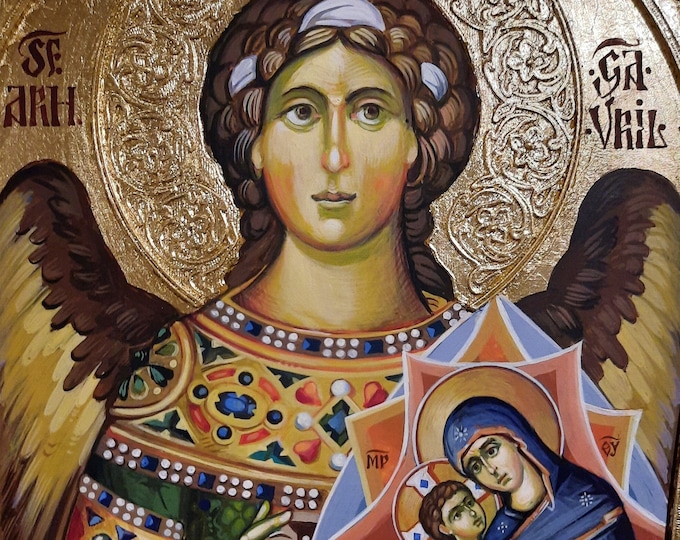 Archangel GABRIEL, MADONNA, Baby JESUS, Byzantine Icon, Hand Painted, 24.5 x 39 cm, Bas-Relief, Made To Order, Christian Orthodox Tradition