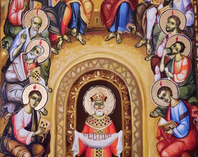Pentecost, Christian Holiday of Descent of the Holy Spirit upon the Apostles, 30 x 50 cm Byzantine Icon, MADE to ORDER, 100% Hand Painted