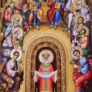 Pentecost, Christian Holiday of Descent of the Holy Spirit upon the Apostles, 30 x 50 cm Byzantine Icon, MADE to ORDER, 100% Hand Painted