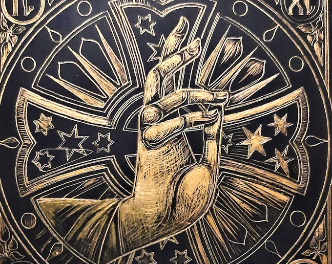 Engraving Art Original Design, Buy 1 Get 2, Graphic Technique, Golden, Black, Metallic Background, 10x10cm, SET of TWO, Blessing Hand, Cross