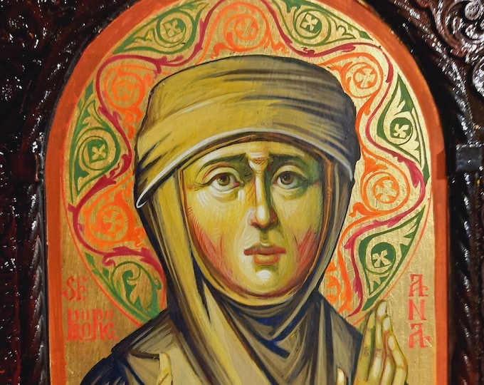 Saint Anne, Mother of the Blessed Virgin Mary, Byzantine Icon, Hand Painted, 20.5 x 30 x 3 cm, READY to SHIP, Christian Orthodox Tradition