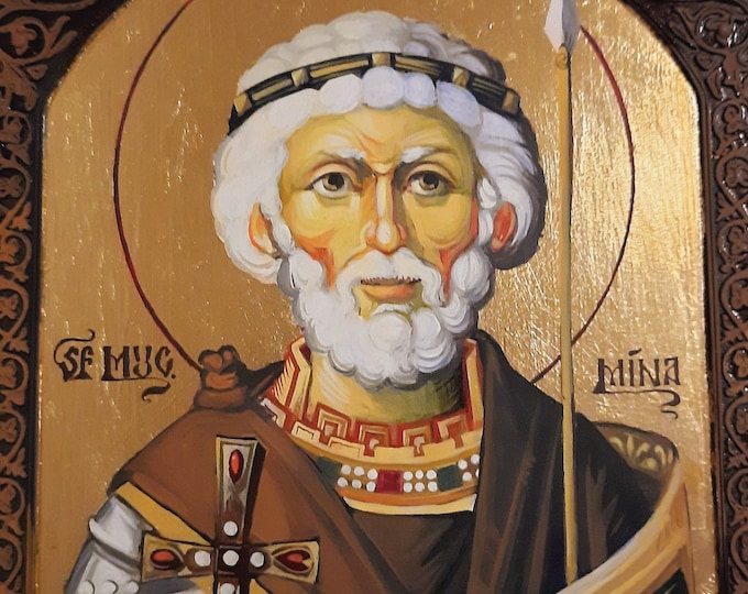 Saint Mina (Menas/Minas) of Egypt The Wonder Worker, Byzantine Style icon, 20x30cm, Base-Relief Adornment, READY To SHIP, Orthodox Tradition